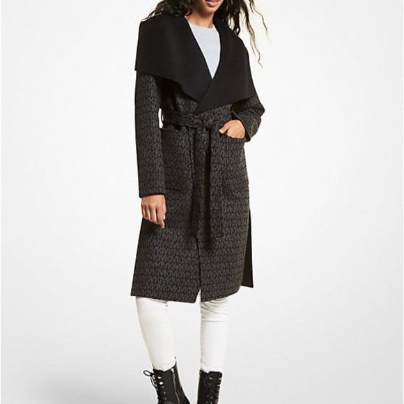 Michael Kors Wool Blend Logo Jacquard Wrap Belted Coat Brown / Black size M - Picture 4 of 7